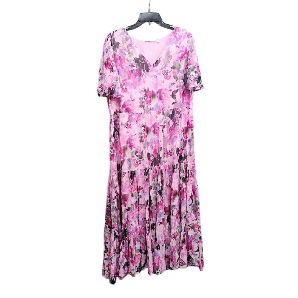 Soft Surroundings Pink Floral Tiered Dress Chiffon Short Ruffle Sleeve V Neck XL